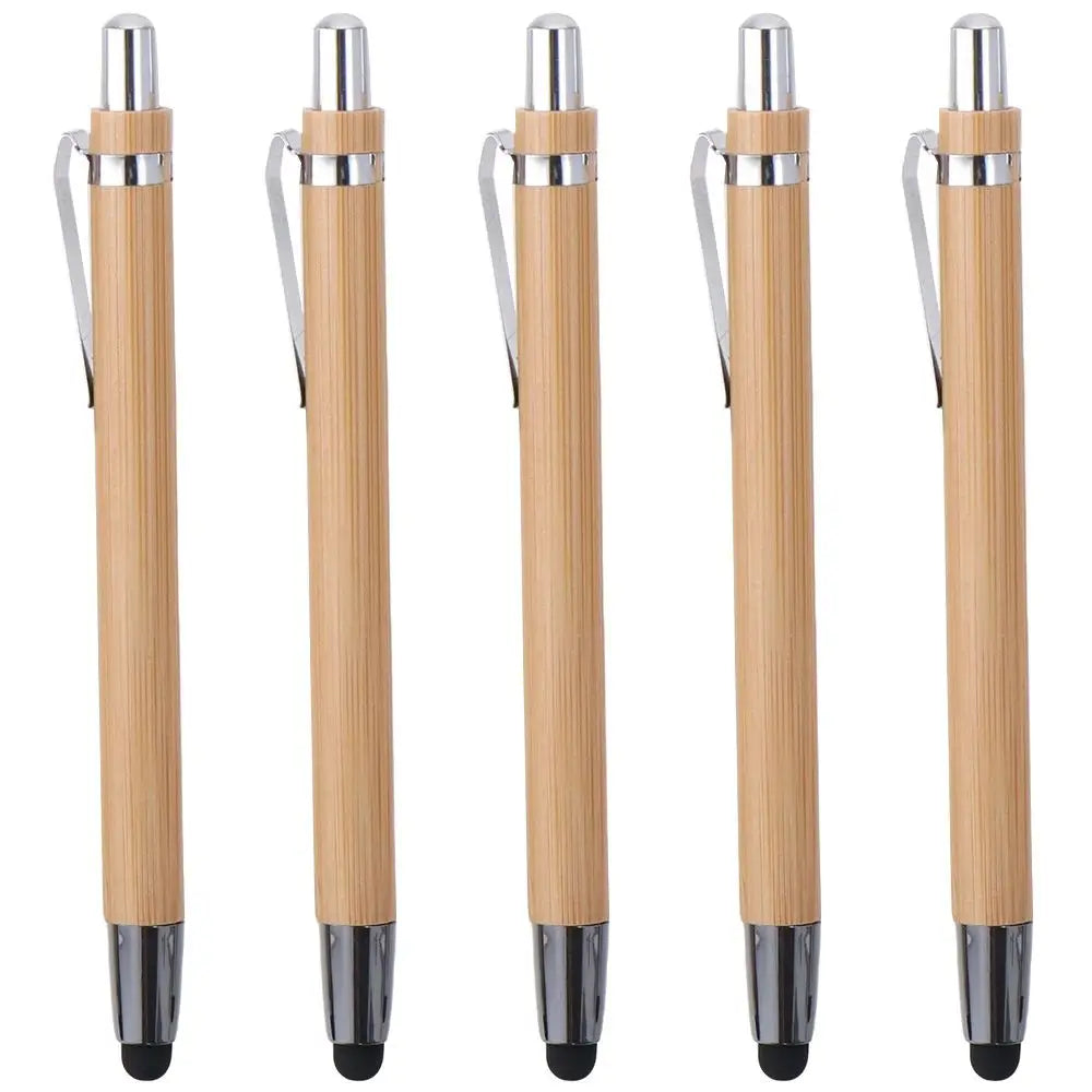 EcoScribe™ 5 Pcs. Bamboo Retractable Ballpoint Pens with Stylus – 2-in-1 Sustainable Writing Pens (Black Ink) - BodyMindSpiritSpace