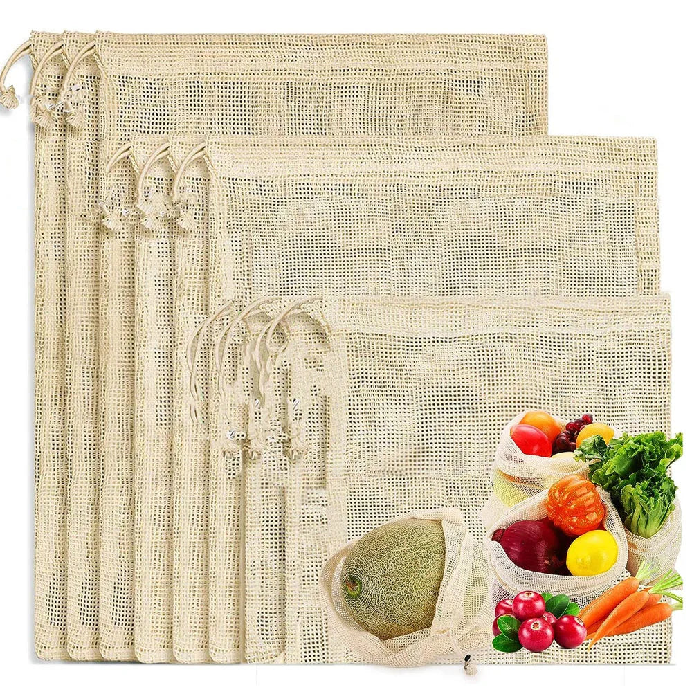 EcoCarry™ 3 Pcs. Reusable Cotton Mesh Produce Bags – Washable & Eco-Friendly Net Bags for Grocery & Storage - BodyMindSpiritSpace