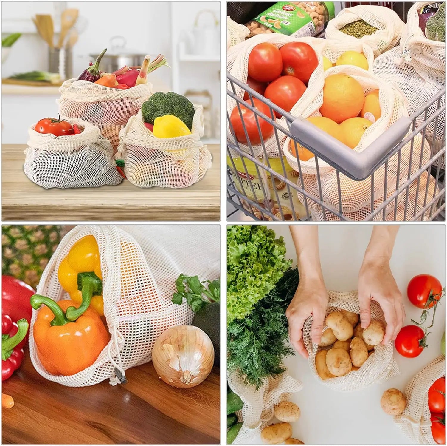 EcoCarry™ 3 Pcs. Reusable Cotton Mesh Produce Bags – Washable & Eco-Friendly Net Bags for Grocery & Storage - BodyMindSpiritSpace